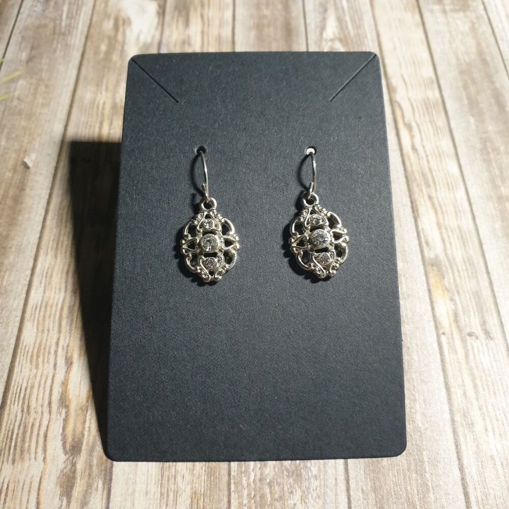 Vintage Style Silver Toned Dangle Earrings Filigree Rhinestone Accents Women